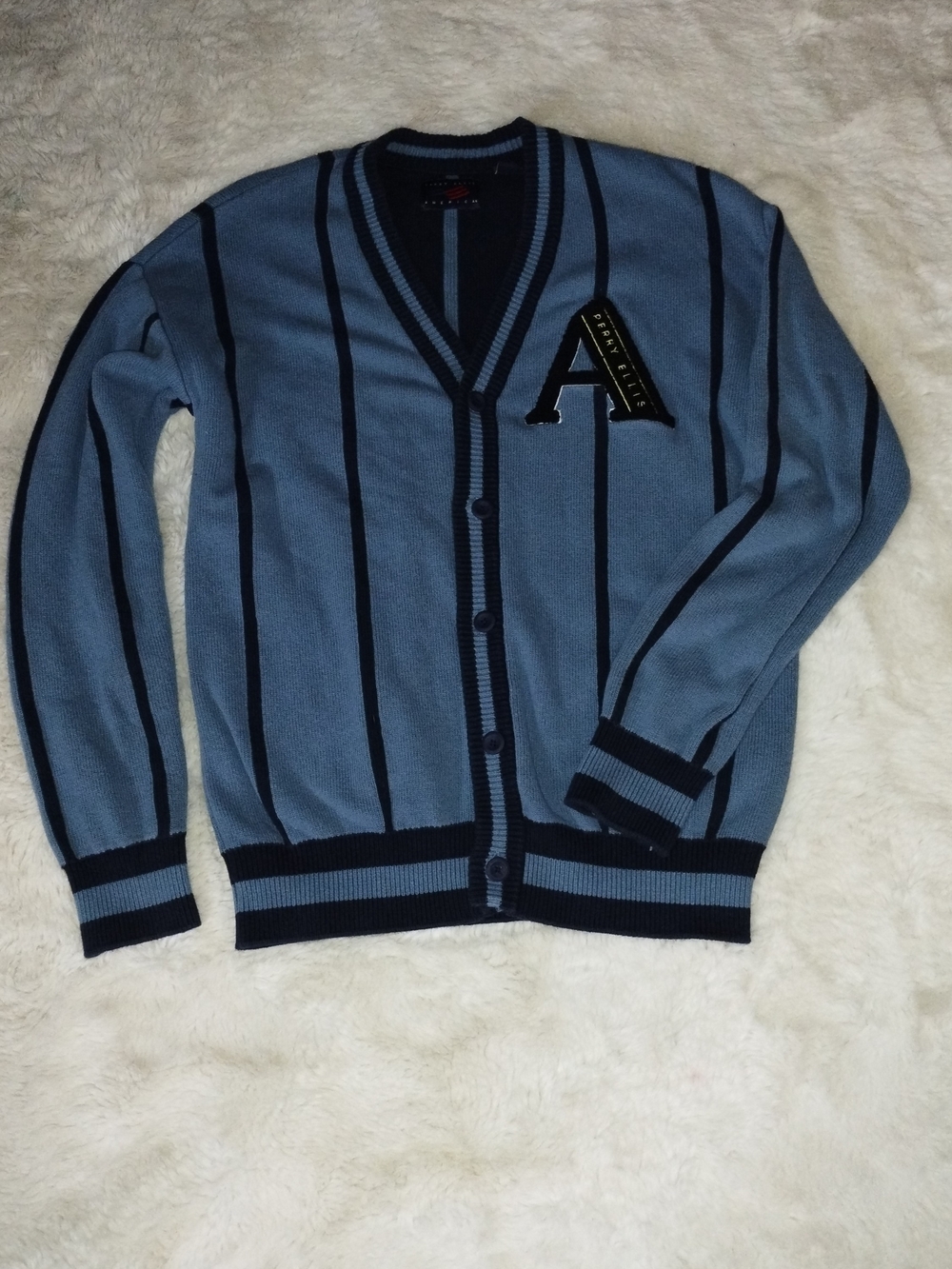 Perry Ellis Blue and Navy Striped V-Neck Cardigan